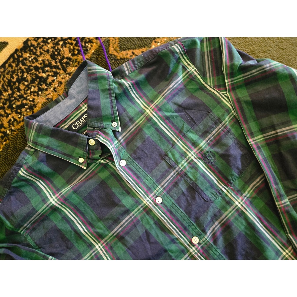Chaps Mens Large Green Navy Blue Plaid Easy Care Long Sleeve Button Down Shirt